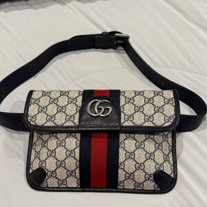 Gucci Blue and Grey Crossbody/Belt Bag with Red Stripe